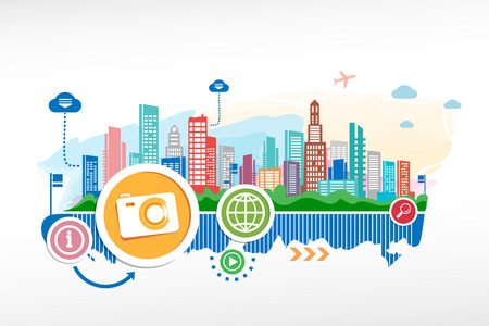 Photo camera and cityscape background with different icon and elements. Design for the print, advertising.のイラスト素材