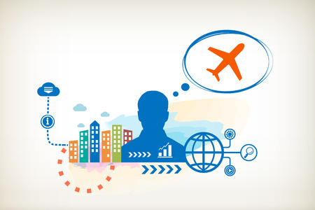 Plane and person with bubbles for dialogue. Think and decide.のイラスト素材
