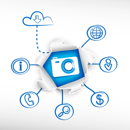 Photo camera and sketch diagrams. Doodle vector illustration. Breakthrough paper hole.のイラスト素材