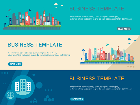 Big City, Small Town and Village. Modern Horizontal Banner and Header Template. Flat Design Concept.のイラスト素材