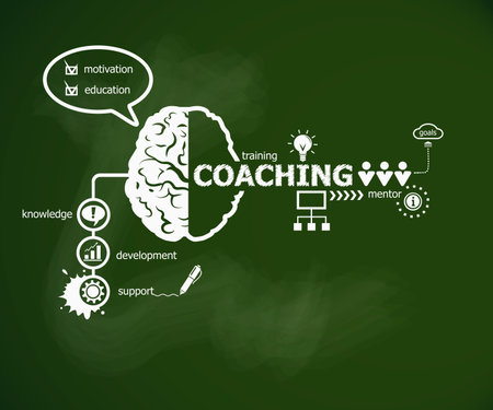 Coaching concept and brain. Hand writing Coaching with chalk on green school boardのイラスト素材