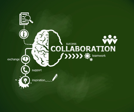Collaboration concept and brain. Hand writing Collaboration with chalk on green school boardのイラスト素材