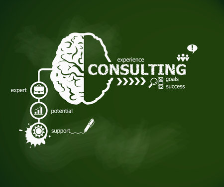 Consulting concept and brain. Hand writing Consulting with chalk on green school boardのイラスト素材