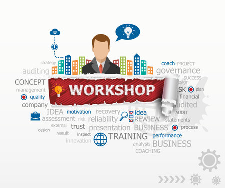 Workshop concept and business man. Workshop design illustration concepts for business, consulting, finance, management, career.のイラスト素材