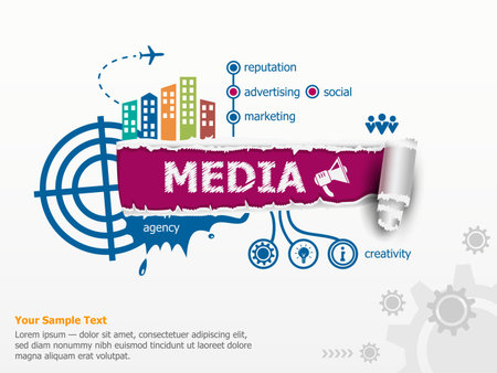 Media design concept and breakthrough paper hole with ragged edges with a space for your message.のイラスト素材