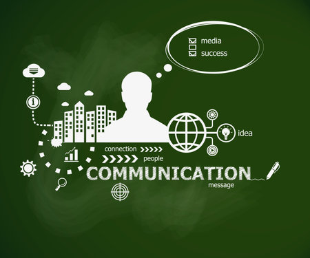 Communication concept and man. Hand writing Communication with chalk on green school board. Typographic poster.のイラスト素材