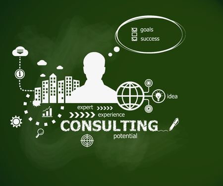 Consulting concept and man. Hand writing Consulting  with chalk on green school board. Typographic poster.のイラスト素材
