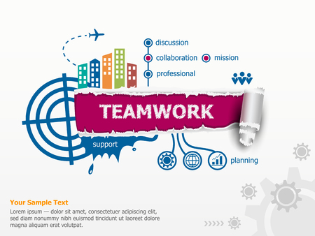 Teamwork concept and breakthrough paper hole with ragged edges. Communication in the global computer networksのイラスト素材