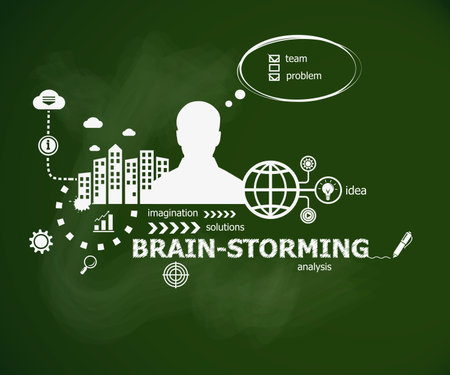 Brain-storming concept and man. Hand writing Brain-storming with chalk on green school board. Typographic poster.のイラスト素材