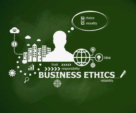 Business Ethics concept  and man. Hand writing Business Ethics with chalk on green school board. Typographic poster.のイラスト素材