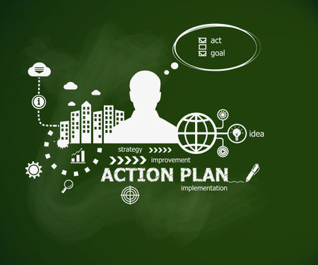 Action Plan concept and man. Hand writing Action Plan with chalk on green school board. Typographic poster.のイラスト素材