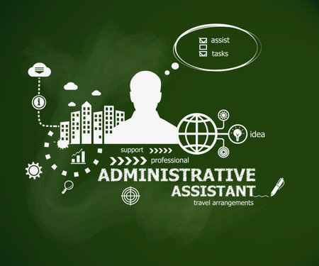 Administrative assistant business concept and man. Hand writing Administrative assistant with chalk on green school board. Typographic poster.のイラスト素材