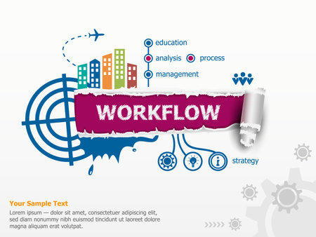 Workflow design concept and breakthrough paper hole with ragged edges with a space for your message.のイラスト素材