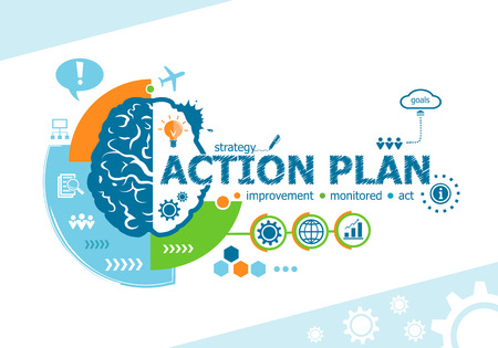Action plan related words and brain concept. Infographic business. Project for web banner and creative process.のイラスト素材