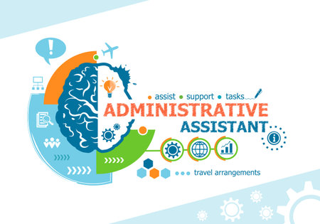 Administrative assistant related words and brain concept. Infographic business. Project for web banner and creative process.のイラスト素材