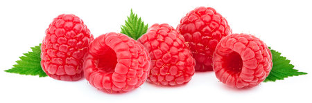 Five ripe raspberries in a line with green leves isolated on white background with clipping path