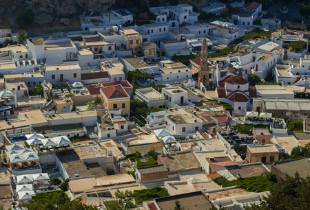 Lindos bird eye view over white roofs, Greece, Rhodes, Lindosの写真素材
