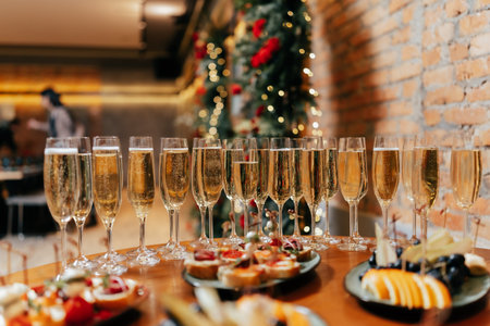 on the table there are many glasses of champagne with snacks for the new year