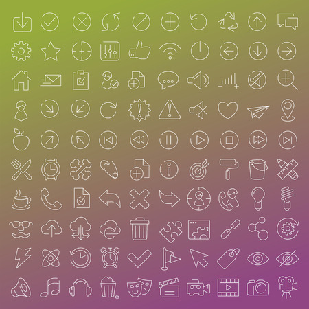 100 vector line icons set for web design and user interface in flat graphic style. More lighter lines then ever, nice detail and easily identifiable.のイラスト素材