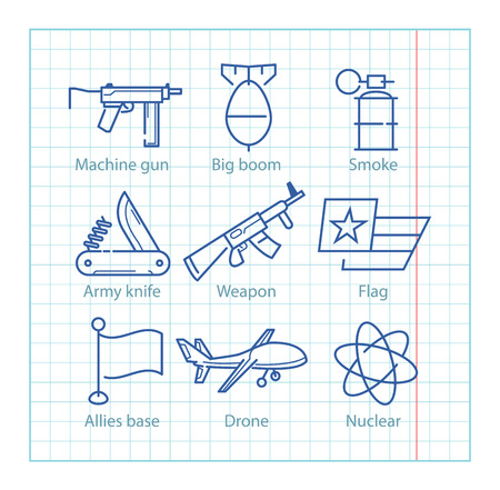 Vector thin line icons set for military infographics, mobile game UX,UI on paper backgroundのイラスト素材