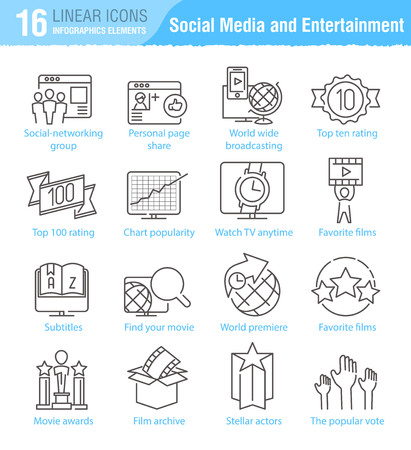 Miscellaneous social media and entertainment vector thin line icons set for TV infographics and mobile UX/UIのイラスト素材