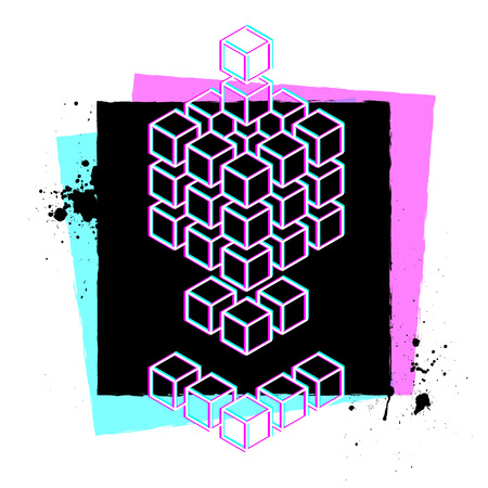 Vector abstract silkscreen print template for textile or poster design with geometric shapes and splattersのイラスト素材