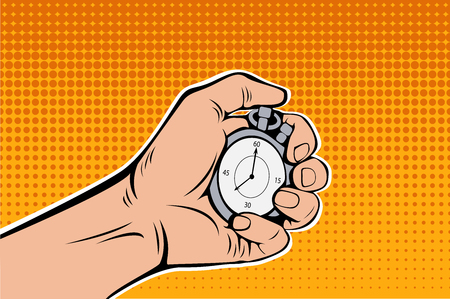 Male Hand Holding Stopwatch. Time Management. Pop Art Vector retro illustrationのイラスト素材