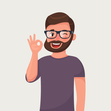 Man is showing a gesture ok. Vector illustration in cartoon styleのイラスト素材