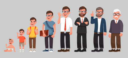 Complete life cycle of person's life from childhood to old age. A baby, a child, a teenager, an adult, an elderly person. Generation of people and stages of growing up. Vector illustration in cartoon styleのイラスト素材