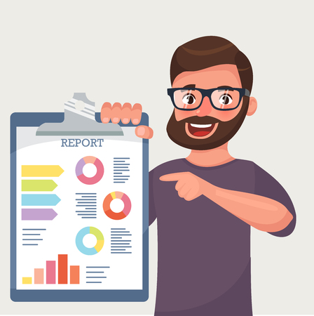 Happy beard businessman shows finance report. Business concept. Vector flat illustration cartoon character holding clipboard in hand.のイラスト素材