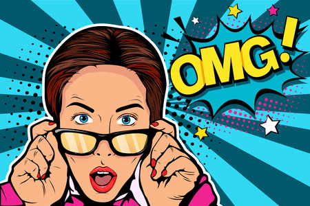 Wow pop art face. Sexy surprised young caucasian woman with open mouthin glasses and Wow speech bubble. Vector colorful background in pop art retro comic style.のイラスト素材