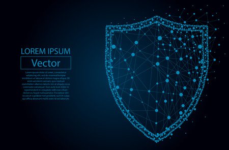 Security Shield composed of polygons. Business concept of data protection. Low poly vector illustration of a starry sky or Comos. The shield consists of lines, dots and shapesのイラスト素材
