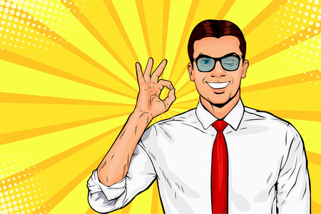 Male businessman in glasses winks and shows okay or OK gesture. Pop art retro vector illustration. Success concept. Invitation poster.のイラスト素材