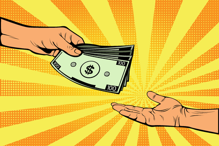 Male hand gives money to another hand. Money as a gift. Financial income. The fee for the labor. Wages. Charity and donations. Bribe. Pop art retro illustration.のイラスト素材