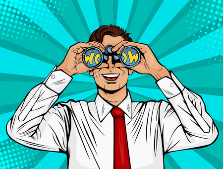 Wow pop art face of happy man open mouth holding binoculars in his hand with inscription wow in reflection. Vector illustration in retro comic style.のイラスト素材