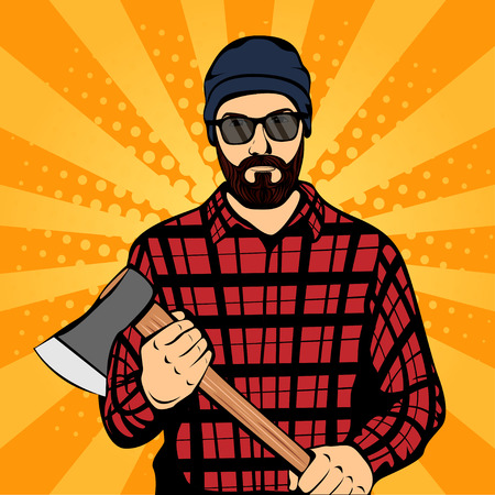 Hipster beard man holding the ax, lumberjack label badge, retro style, pop art, vector illustrationのイラスト素材
