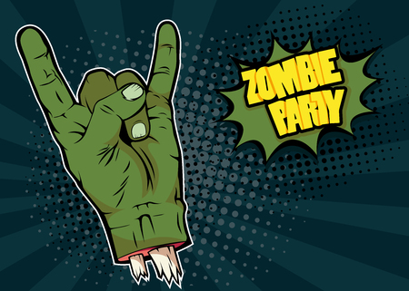 Rock n roll zombie hand and inscription Zombie Party. Vector colorful hand drawn illustration with halftone in retro comic style. Halloween party invitationのイラスト素材