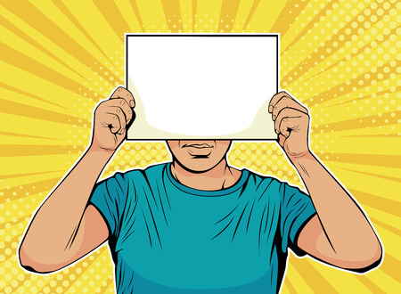 Businessman with blank paper in front of face. Colorful vector illustration in pop art retro comic style.のイラスト素材