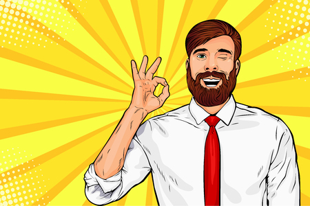 Hipster beard male businessman wives and shows okay or OK gesture. Pop art retro vector illustration. Success concept. Invitation poster.のイラスト素材