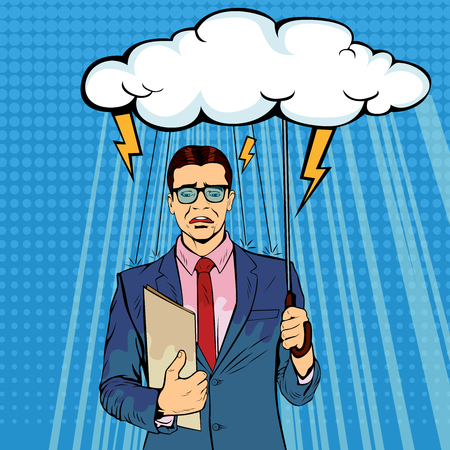 Unlucky businessman standing holding umbrella cloudy wet from raining, misfortune or trouble. Lost money or business, financial crisis will come. Pop art retro vector illustrationのイラスト素材