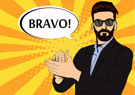 Hipster beard businessman applause bravo concept of success retro style pop art. Businessman in glasses in comic style. Success concept vector illustration.のイラスト素材