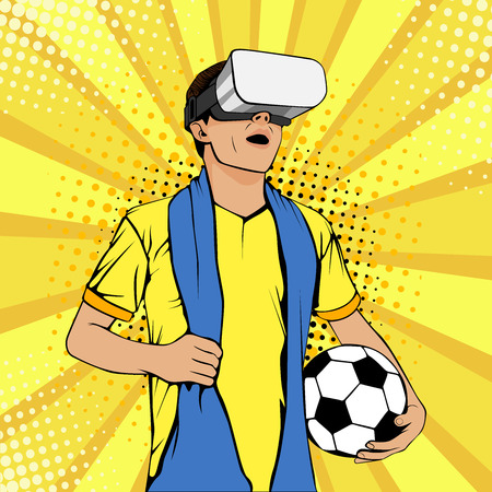 Football fan in virtual reality glasses with open mouth and ball. Vector colorful illustration in retro comic style. Watching sport game.のイラスト素材