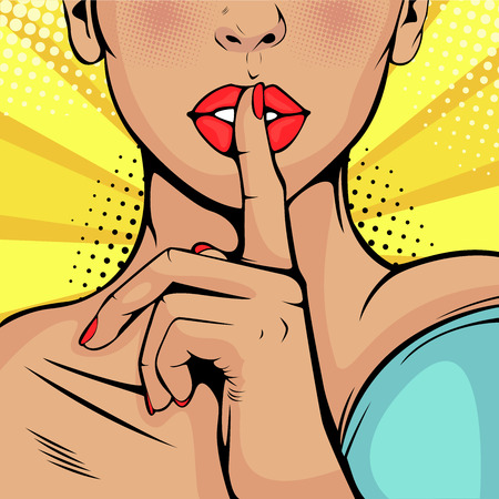 Top secret silence girl. Beautiful woman put her finger to her lips, calling for silence. Colorful vector background in pop art retro comic style.のイラスト素材
