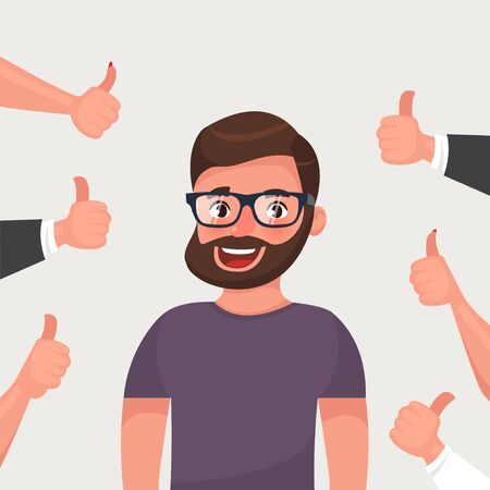 Cheerful hipster bearded young man surrounded by hands demonstrating thumbs up gesture. Public appreciation, positive opinion, respect, recognition, honor. Flat cartoon vector illustrationのイラスト素材