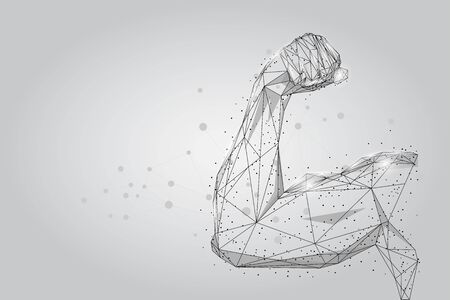 3D male hand muscles connected dots low poly wireframe. Polygonal physical strength, bodybuilder, athlete body mesh art vector illustration. Human powerのイラスト素材
