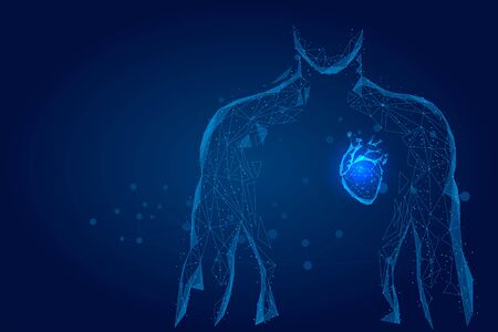 Man silhouette healthy heart connected dots low poly wireframe. Online doctor medicine low poly vector illustrationのイラスト素材