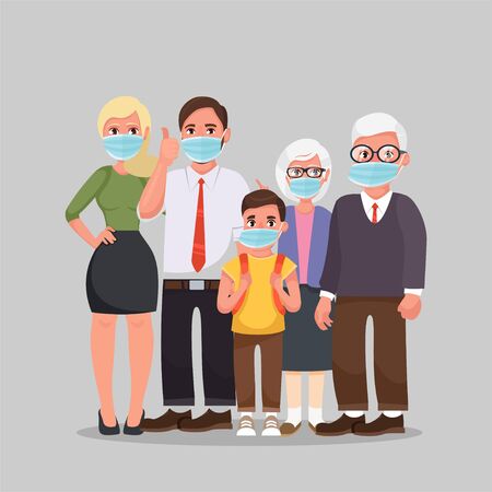 Family wearing protective Medical mask for prevent virus Wuhan Covid-19. Grandfather, grandmother, father, mother, daughter and son wearing a surgical mask.のイラスト素材