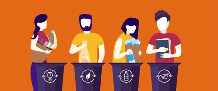 Bundle of cute funny people putting rubbish in trash bins, dumpsters or containers. Set of happy men and women practicing garbage collection, sorting and recycling. Flat cartoon vector illustration.のイラスト素材