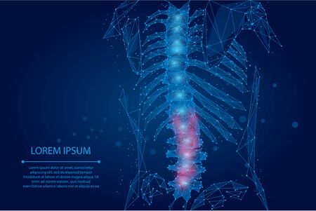 Abstract mesh line and dot physiotherapy human spine. Low poly Pain area surgery operation. Polygonal render female back hernia vector illustrationのイラスト素材