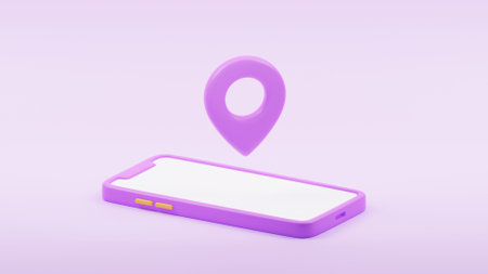 Smartphone with location pin icon on screen. Location online delivery transportation logistics concept. 3D rendering illustration.の写真素材